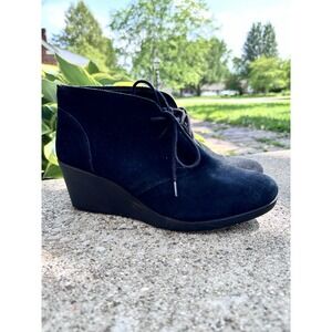 Crocs Boots Womens 9.5 Leigh Wedge Heel Ankle Booties Black Suede 203419‎